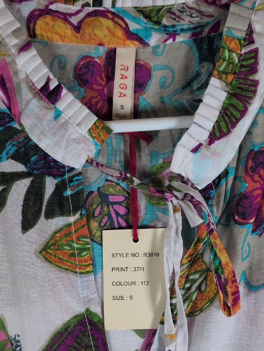 37-RAGA Multicolor Floral Tie-Neck Cotton Tunic - Picture 3 of 8